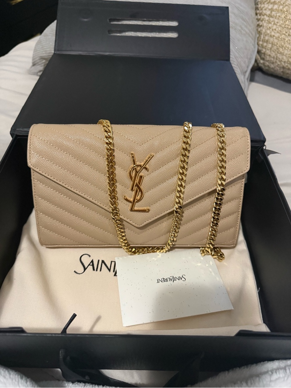 Saint Laurent Beige Quilted Leather Shoulder Bag with Gold Chain